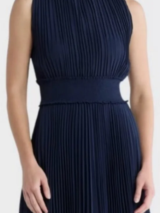 Nanette Lepore Navy Pleated Midi Dress Size 4 Sleeveless High Neck Minimalist - Picture 5 of 8